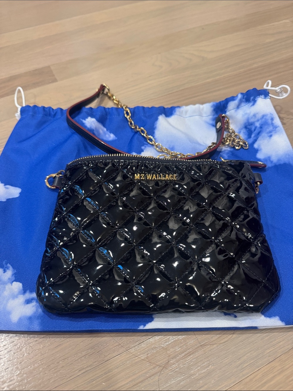 MZ WALLACE Black Quilted Patent Crossbody with Gold Chain Strap